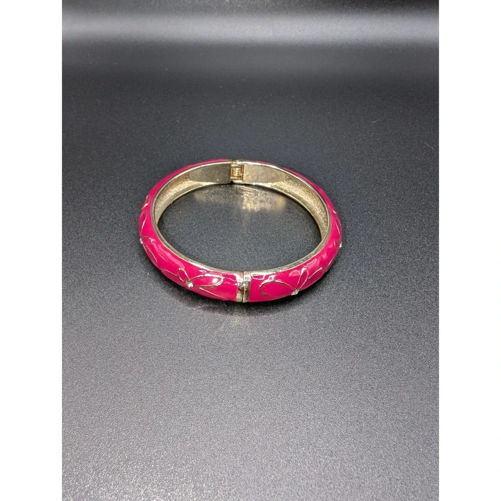 Pink Enamel Gold Tone Hinged Bangle Bracelet Floral Rhinestone Costume Jewelry